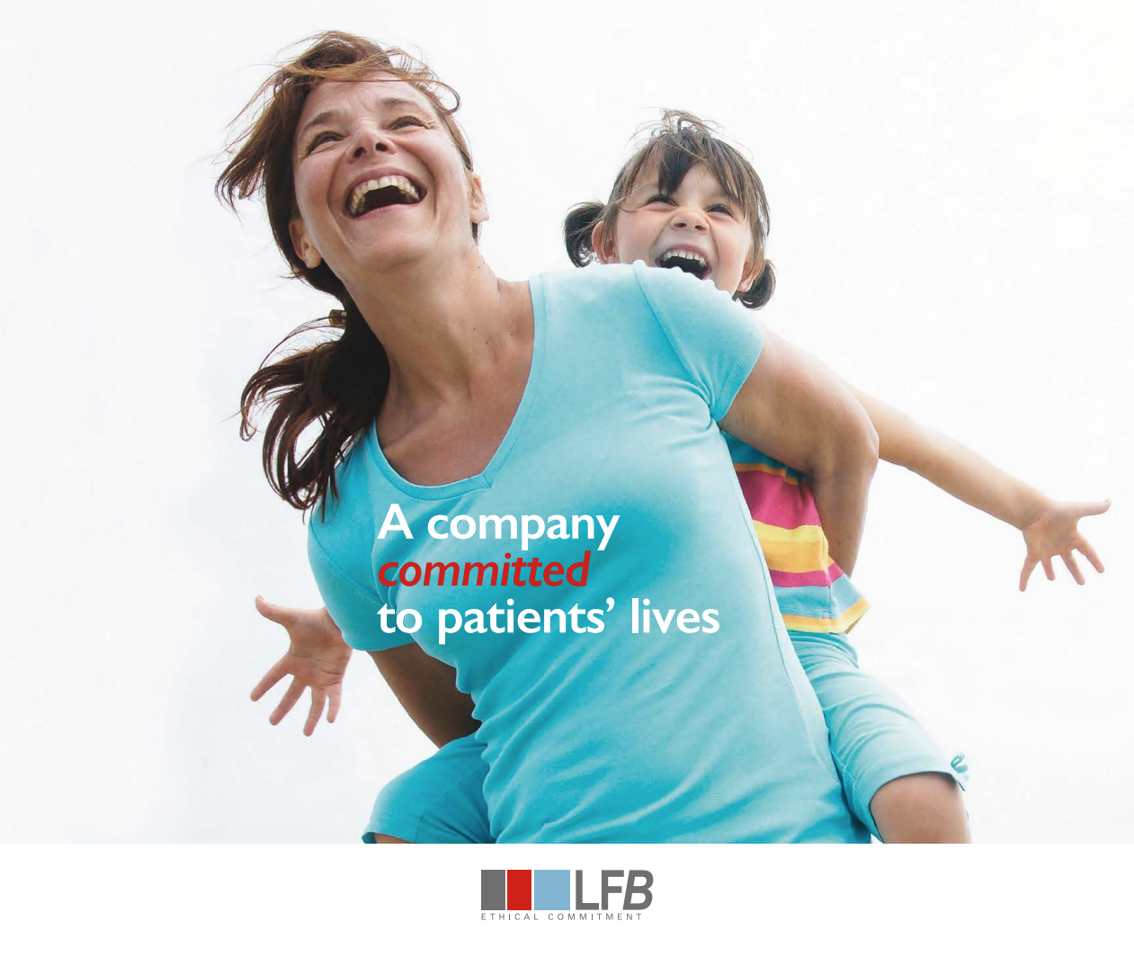 photo mère et fille, slogan LFB "a company commited to patients lives", logo groupe lfb